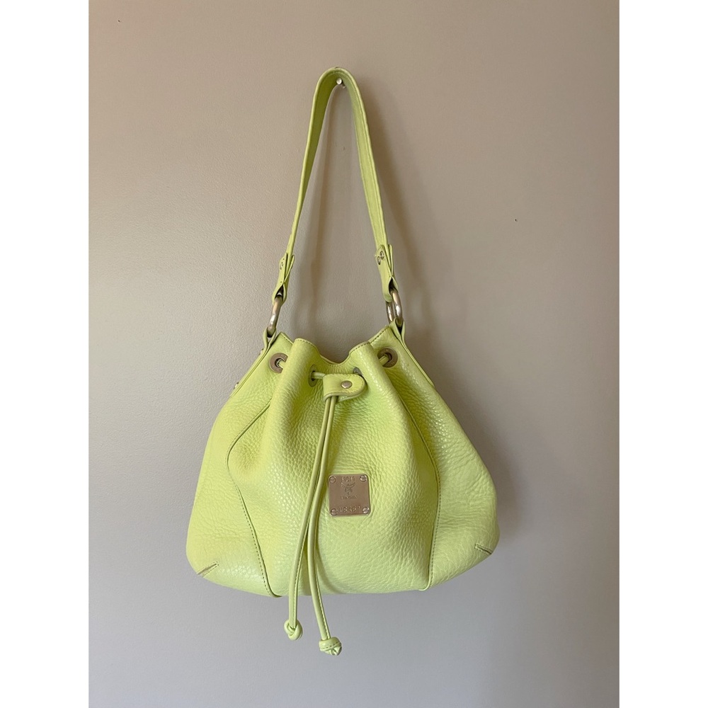 MCM Pebbled Leather Lime Green Bucket Bag Small Shoulder